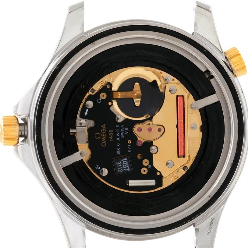 The image shows the internal mechanism and movement of the Omega Seamaster 2342.80.00 Men
s Stainless Steel Blue Dial 2342.80.00 Men
s Stainless Steel Blue Dial watch with the back case removed.