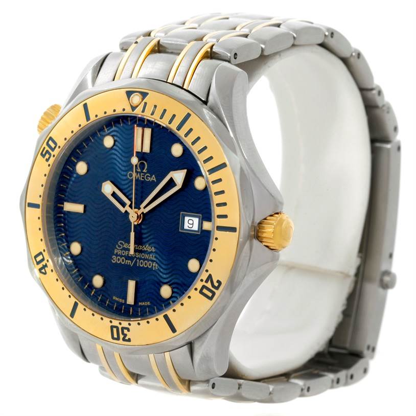 The Omega Seamaster 2342.80.00 Men
s Stainless Steel Blue Dial 2342.80.00 Men
s Stainless Steel Blue Dial watch is shown at an angled front view featuring the dial, bezel, crown, and part of the bracelet.