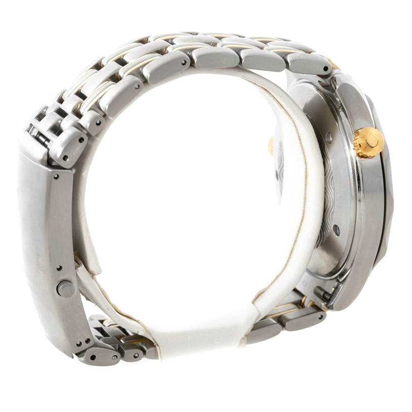 The image shows a side view of an Omega Seamaster 2342.80.00 Men
s Stainless Steel Blue Dial 2342.80.00 Men
s Stainless Steel Blue Dial watch, displaying the bracelet, clasp, case back, and crown.