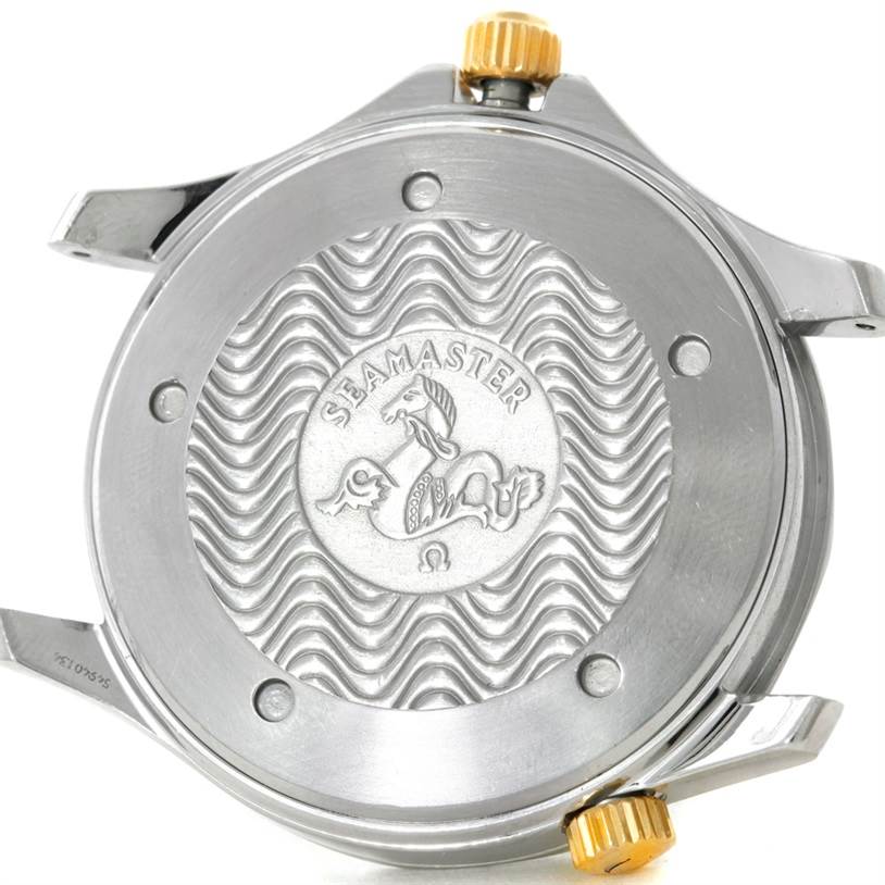 This image shows the case back of an Omega Seamaster 2342.80.00 Men
s Stainless Steel Blue Dial 2342.80.00 Men
s Stainless Steel Blue Dial watch, including the engraved wave pattern and brand logo.