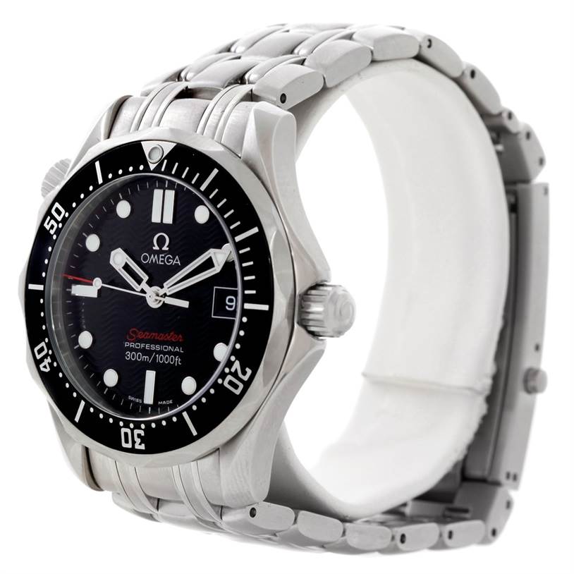 The Omega Seamaster 212.30.36.61.01.001 Men
s Stainless Steel Black Dial 212.30.36.61.01.001 Men
s Stainless Steel Black Dial watch is shown at a slight angle, highlighting the face, bezel, crown, and part of the metal bracelet.