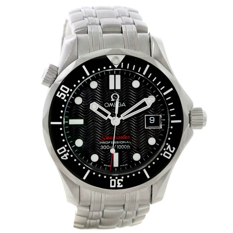 The image shows a front view of an Omega Seamaster 212.30.36.61.01.001 Men
s Stainless Steel Black Dial 212.30.36.61.01.001 Men
s Stainless Steel Black Dial watch, displaying its face, bezel, and metal bracelet.
