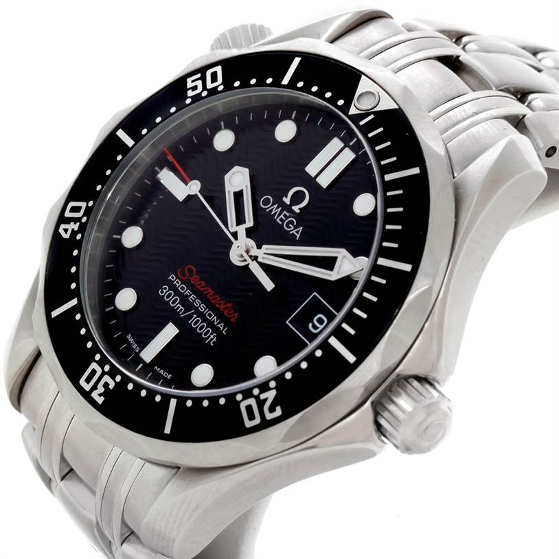 The image shows an angled view of the front and right side of the Omega Seamaster 212.30.36.61.01.001 Men
s Stainless Steel Black Dial 212.30.36.61.01.001 Men
s Stainless Steel Black Dial watch, highlighting its dial and crown.