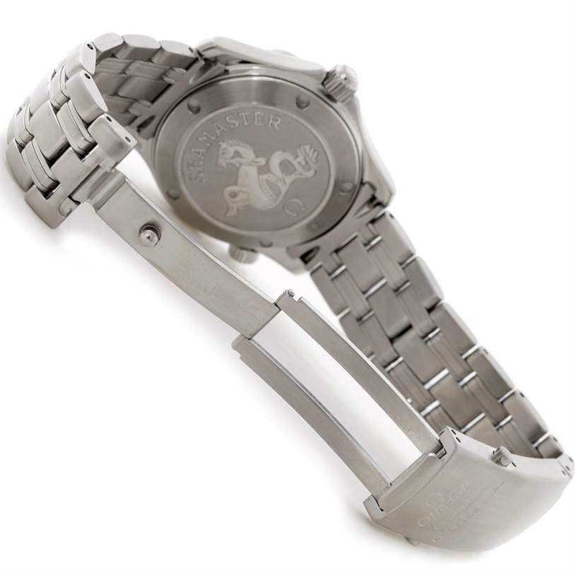 The image shows the back case and open clasp of an Omega Seamaster 212.30.36.61.01.001 Men
s Stainless Steel Black Dial 212.30.36.61.01.001 Men
s Stainless Steel Black Dial watch, highlighting the bracelet and engraved case back.