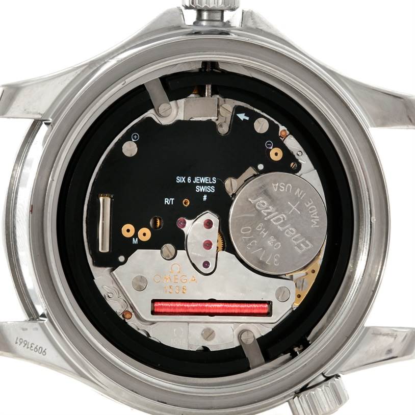 The image shows the internal mechanism of an Omega Seamaster 212.30.36.61.01.001 Men
s Stainless Steel Black Dial 212.30.36.61.01.001 Men
s Stainless Steel Black Dial watch, viewed from the back with its case removed.