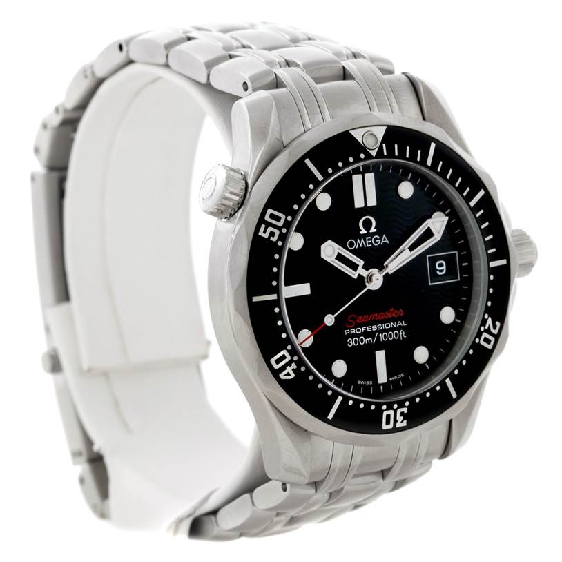 The Omega Seamaster 212.30.36.61.01.001 Men
s Stainless Steel Black Dial 212.30.36.61.01.001 Men
s Stainless Steel Black Dial watch is shown from a left front angle, highlighting the dial, bezel, crown, and metal bracelet.