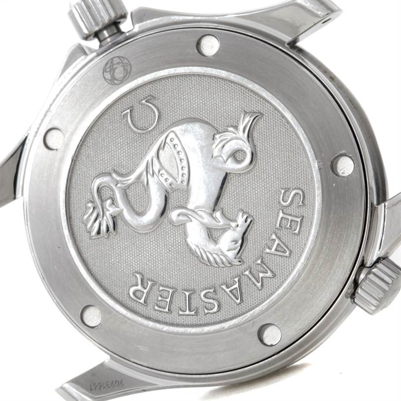 This image shows the back case of an Omega Seamaster 212.30.36.61.01.001 Men
s Stainless Steel Black Dial 212.30.36.61.01.001 Men
s Stainless Steel Black Dial watch, displaying its distinctive emblem and brand engraving.