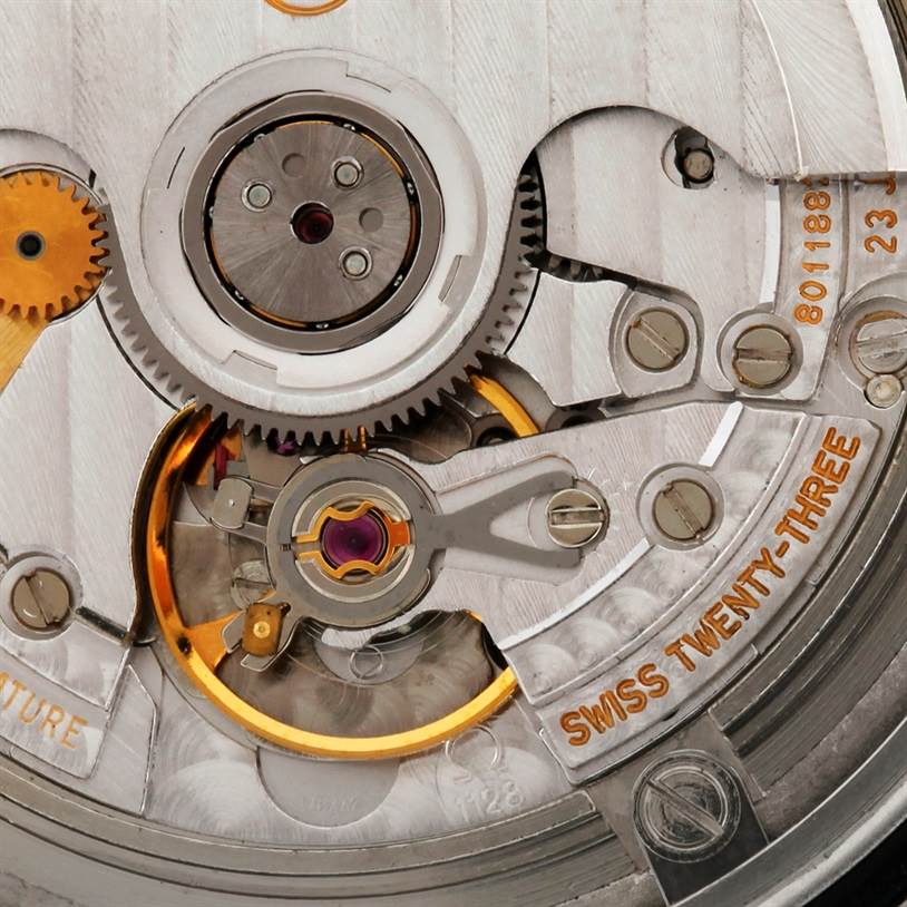 This image shows a close-up view of the movement mechanism of the Omega Seamaster 2538.20.00 Men
s Stainless Steel White Dial 2538.20.00 Men
s Stainless Steel White Dial watch.