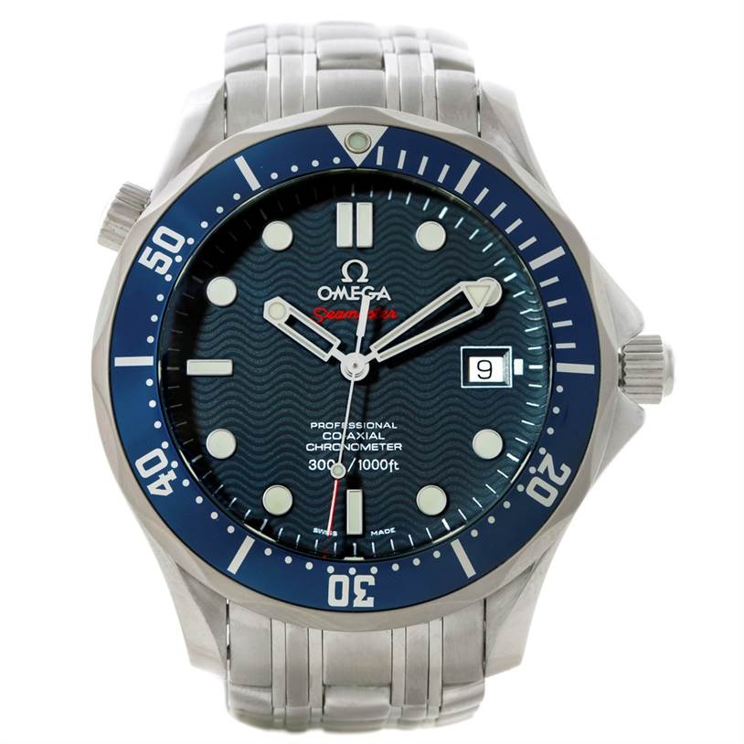 The image shows a front view of the Omega Seamaster 2220.80.00 Men
s Stainless Steel Blue Dial 2220.80.00 Men
s Stainless Steel Blue Dial watch, displaying its face, bezel, hour markers, and bracelet.