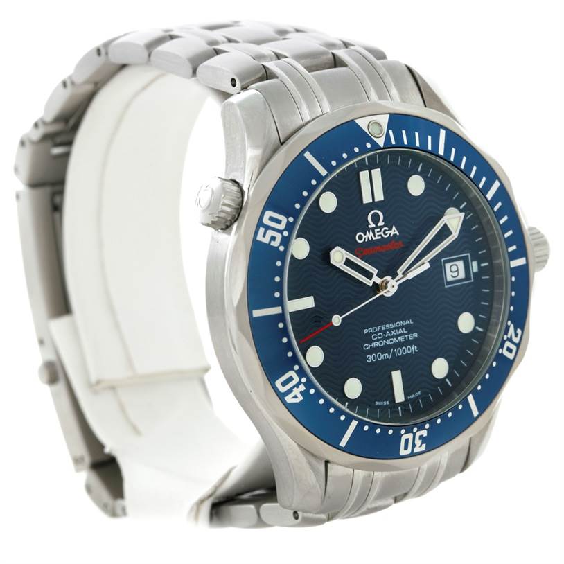 The image features an Omega Seamaster 2220.80.00 Men
s Stainless Steel Blue Dial 2220.80.00 Men
s Stainless Steel Blue Dial watch, angled to show its face, bezel, and part of the stainless steel bracelet.