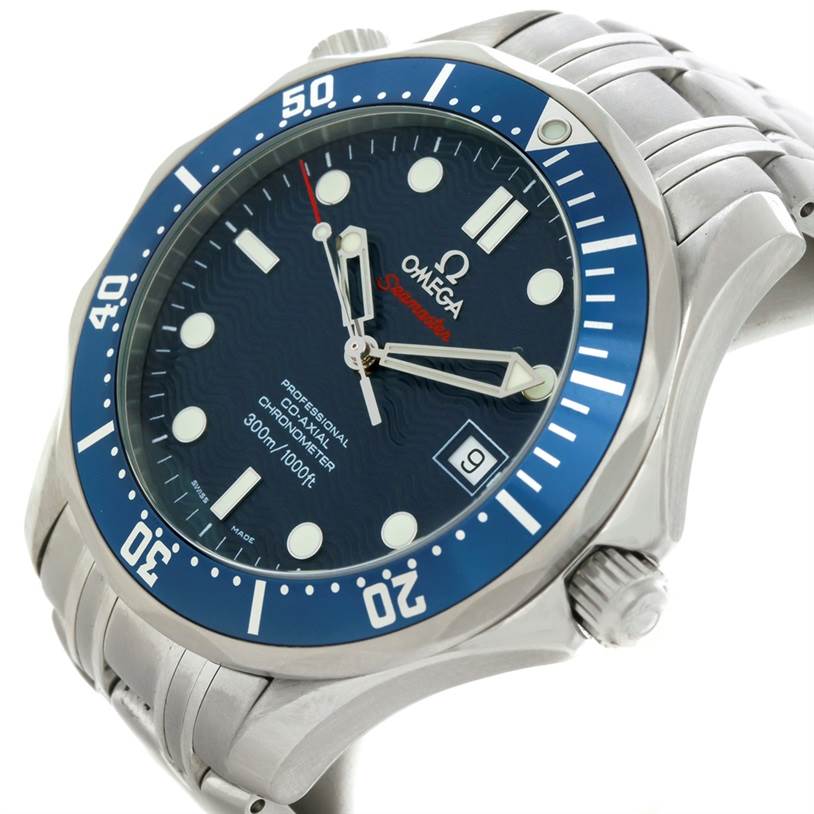 The Omega Seamaster 2220.80.00 Men
s Stainless Steel Blue Dial 2220.80.00 Men
s Stainless Steel Blue Dial watch is shown from an angled view, displaying its blue dial, bezel, and metal bracelet.