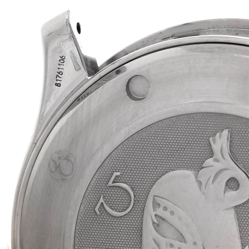 This image shows a close-up of the Omega Seamaster 2220.80.00 Men
s Stainless Steel Blue Dial 2220.80.00 Men
s Stainless Steel Blue Dial watch
s backside, highlighting engravings and part of the strap attachment.