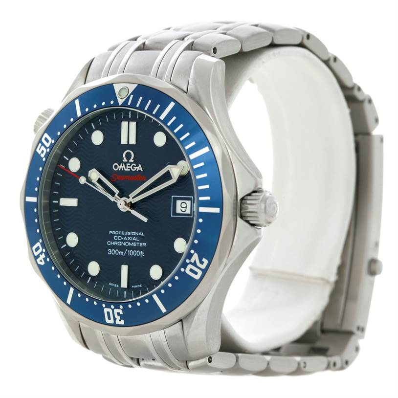 The Omega Seamaster 2220.80.00 Men
s Stainless Steel Blue Dial 2220.80.00 Men
s Stainless Steel Blue Dial watch is shown at a front angle, highlighting the face, bezel, crown, and part of its bracelet.