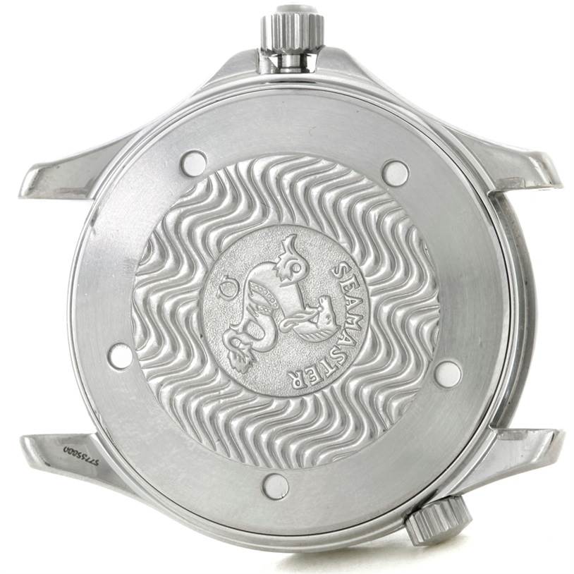 This image shows the back case of an Omega Seamaster 2541.80.00 Men
s Stainless Steel Blue Dial 2541.80.00 Men
s Stainless Steel Blue Dial watch, featuring the signature engravings and crown.