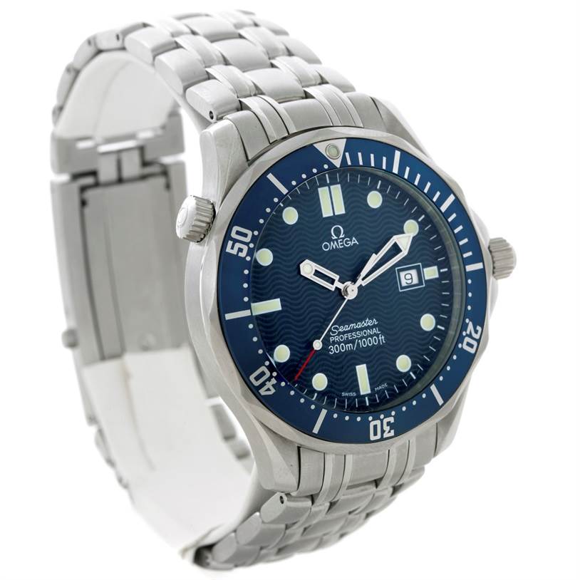 The Omega Seamaster 2541.80.00 Men
s Stainless Steel Blue Dial 2541.80.00 Men
s Stainless Steel Blue Dial watch is shown at a three-quarter angle, highlighting its face, bezel, and metal bracelet.