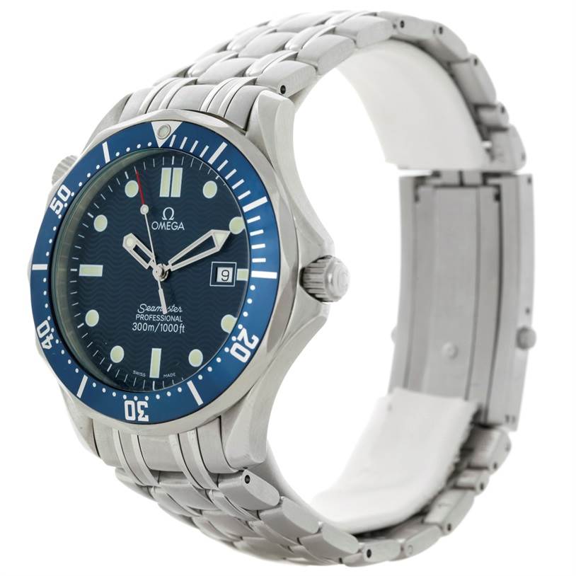 The Omega Seamaster 2541.80.00 Men
s Stainless Steel Blue Dial 2541.80.00 Men
s Stainless Steel Blue Dial watch is shown from an angled front-left view, highlighting the dial, bezel, crown, and metal bracelet.