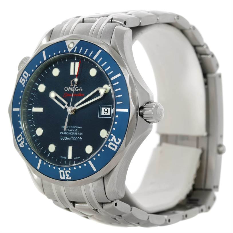 The Omega Seamaster 2220.80.00 Men
s Stainless Steel Blue Dial 2220.80.00 Men
s Stainless Steel Blue Dial watch is shown at an angled view, displaying its face, bezel, crown, and metal bracelet.