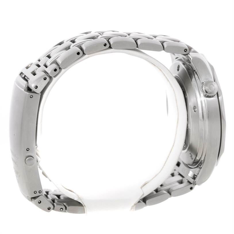 The image shows a side profile of an Omega Seamaster 2220.80.00 Men
s Stainless Steel Blue Dial 2220.80.00 Men
s Stainless Steel Blue Dial watch, highlighting its metal bracelet and case.