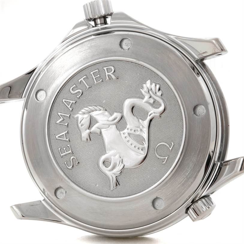 The image shows the back case of an Omega Seamaster 2220.80.00 Men
s Stainless Steel Blue Dial 2220.80.00 Men
s Stainless Steel Blue Dial watch, highlighting the emblem and crown.