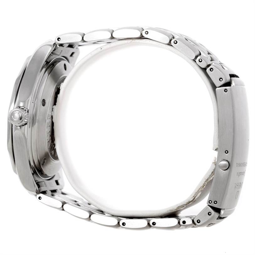 The image shows a side profile of an Omega Seamaster 2220.80.00 Men
s Stainless Steel Blue Dial 2220.80.00 Men
s Stainless Steel Blue Dial watch, focusing on the clasp, bracelet links, and part of the case.