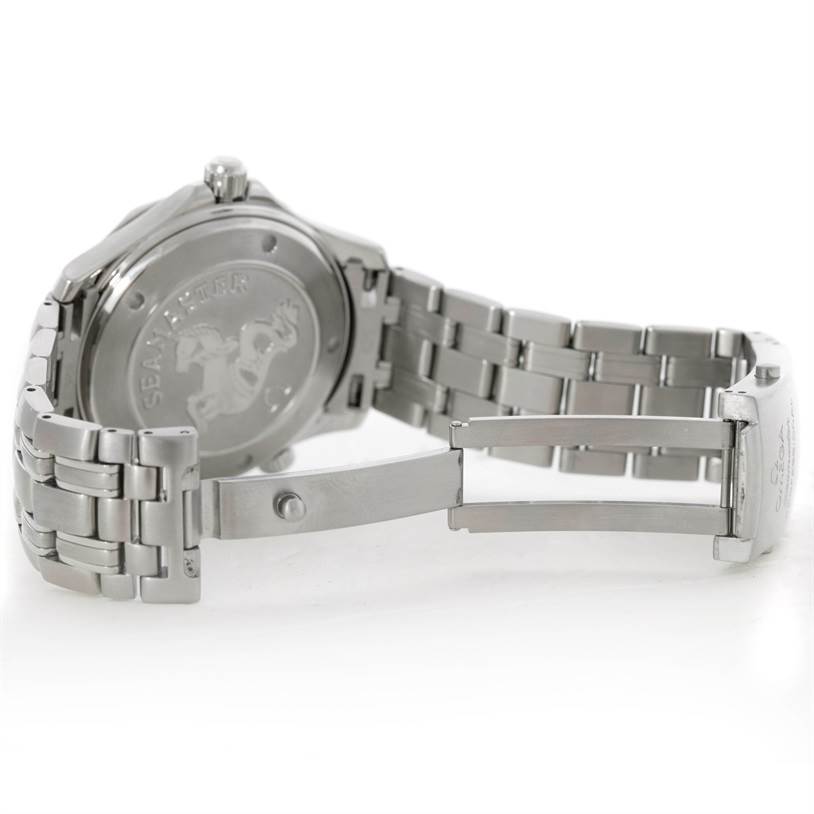 The image shows the back and open clasp of an Omega Seamaster 2220.80.00 Men
s Stainless Steel Blue Dial 2220.80.00 Men
s Stainless Steel Blue Dial watch, highlighting the stainless steel bracelet and case back design.