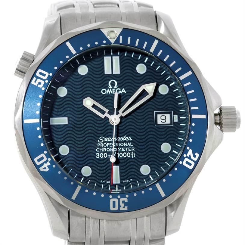 This image showcases the Omega Seamaster 2531.80.00 Men
s Stainless Steel Blue Dial 2531.80.00 Men
s Stainless Steel Blue Dial watch from a front view, highlighting its dial, bezel, and part of the bracelet.