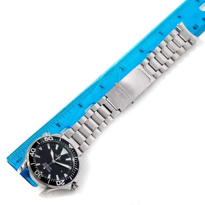 The Omega Seamaster 2064.50.00 Men
s Stainless Steel Black Dial 2064.50.00 Men
s Stainless Steel Black Dial watch is shown from a top-down angle, highlighting the face, bezel, and metal bracelet.