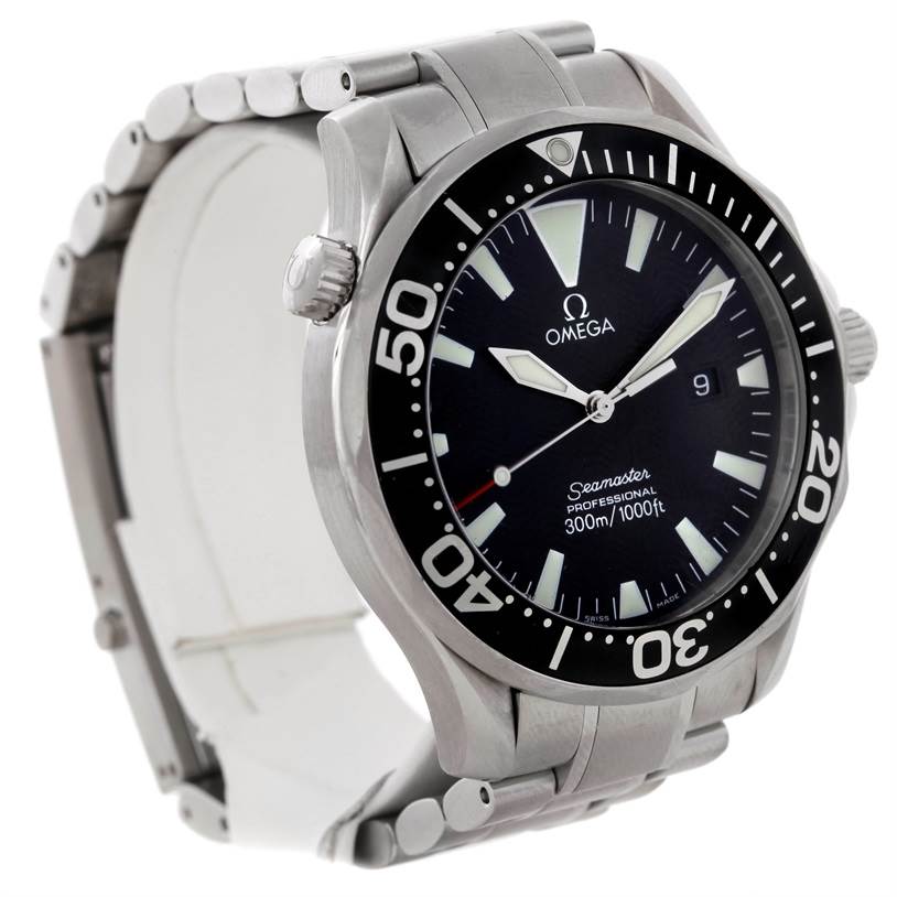 This image shows an Omega Seamaster 2064.50.00 Men
s Stainless Steel Black Dial 2064.50.00 Men
s Stainless Steel Black Dial watch at a 3/4 angle, displaying the face, bezel, crown, and part of the bracelet.
