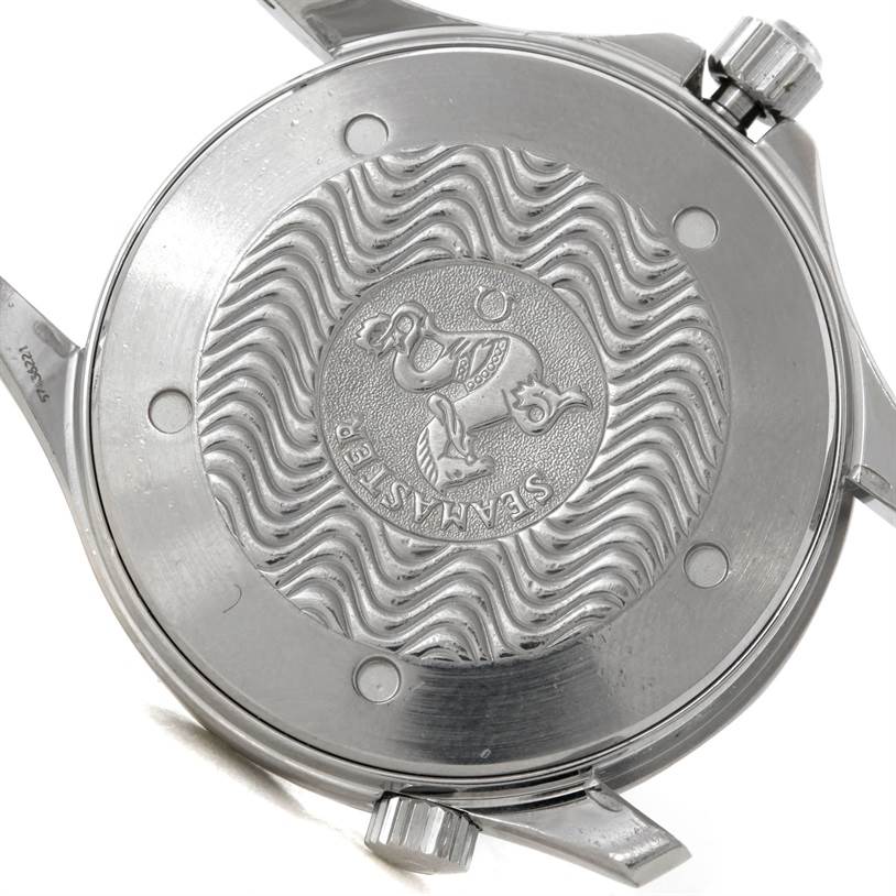 This image shows the back case of an Omega Seamaster 2064.50.00 Men
s Stainless Steel Black Dial 2064.50.00 Men
s Stainless Steel Black Dial watch, featuring its engraved logo and wave pattern.