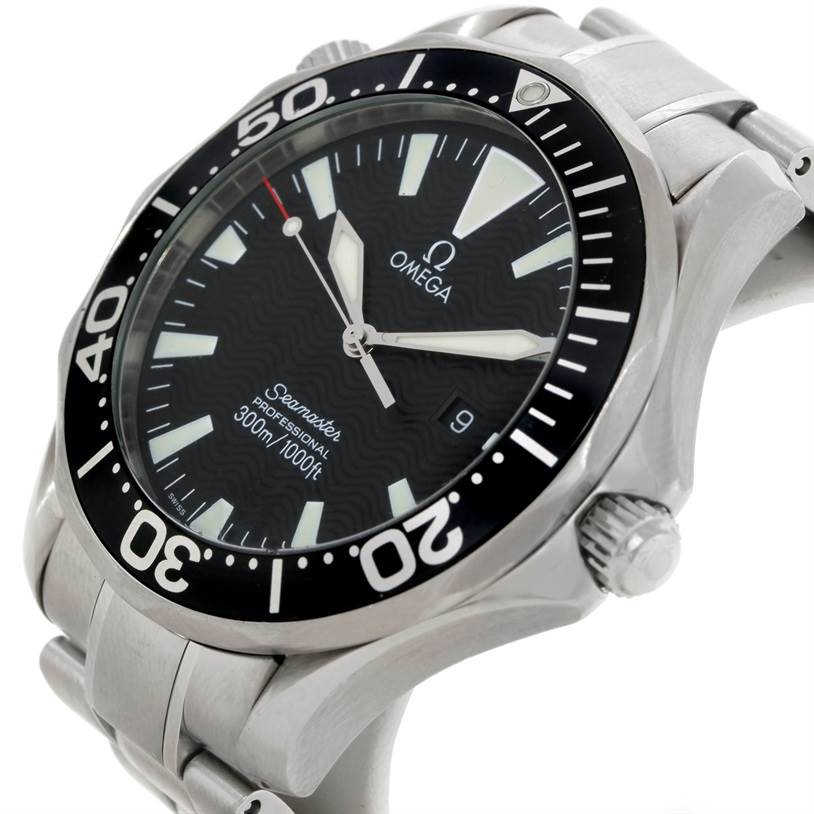 This image shows a side angle of the Omega Seamaster 2064.50.00 Men
s Stainless Steel Black Dial 2064.50.00 Men
s Stainless Steel Black Dial watch, highlighting its face, bezel, and stainless steel bracelet.