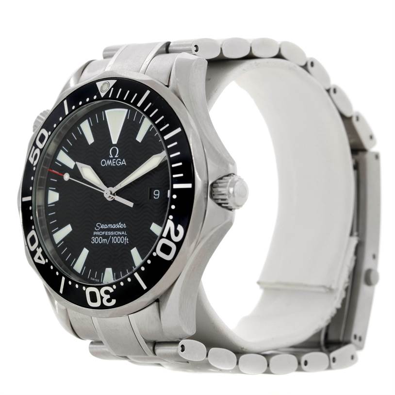 The image shows a side angle of the Omega Seamaster 2064.50.00 Men
s Stainless Steel Black Dial 2064.50.00 Men
s Stainless Steel Black Dial watch, highlighting its bezel, dial, crown, and metal bracelet.