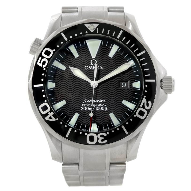 The image shows a front view of an Omega Seamaster 2064.50.00 Men
s Stainless Steel Black Dial 2064.50.00 Men
s Stainless Steel Black Dial watch, highlighting the dial, bezel, case, crown, and metal bracelet.