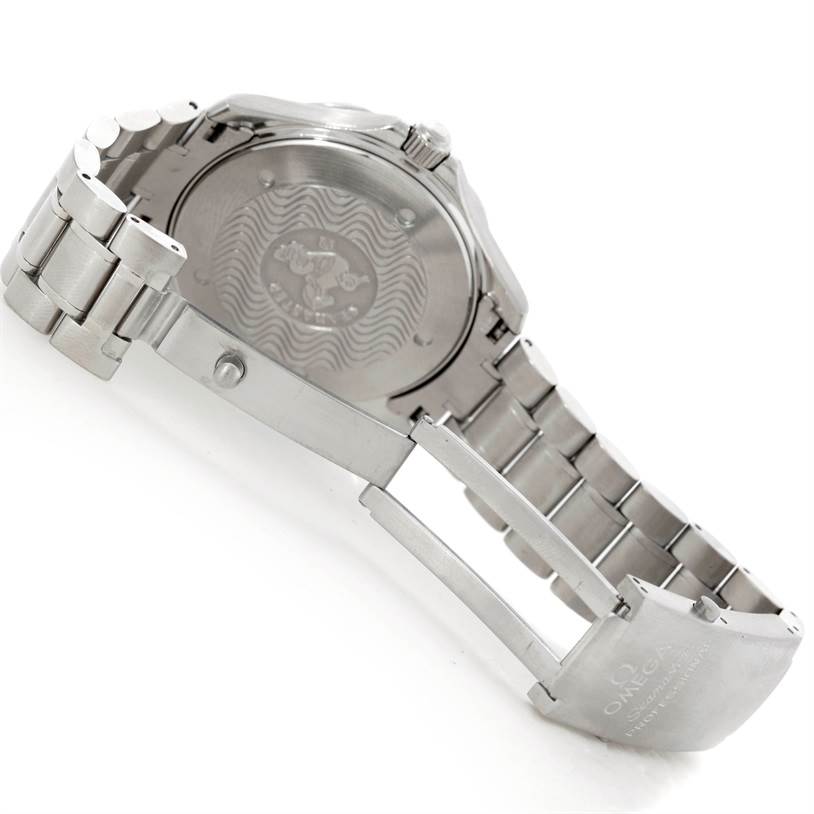 The image shows the Omega Seamaster 2064.50.00 Men
s Stainless Steel Black Dial 2064.50.00 Men
s Stainless Steel Black Dial
s case back, bracelet, and clasp partially opened from a side angle.