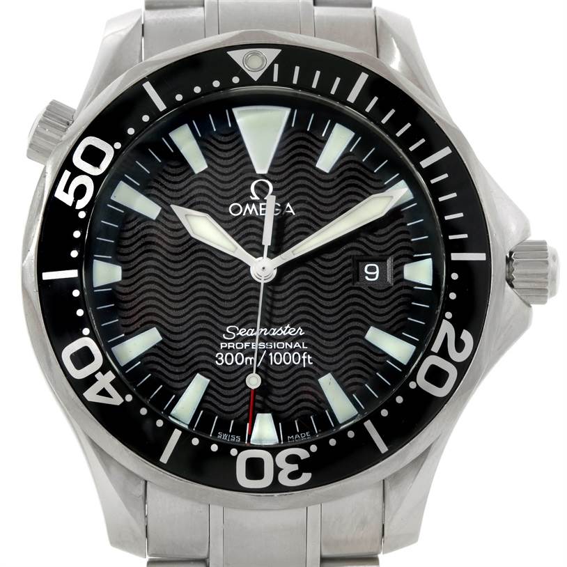 The image shows a front view of the Omega Seamaster 2064.50.00 Men
s Stainless Steel Black Dial 2064.50.00 Men
s Stainless Steel Black Dial watch, highlighting its face, bezel, and stainless steel bracelet.