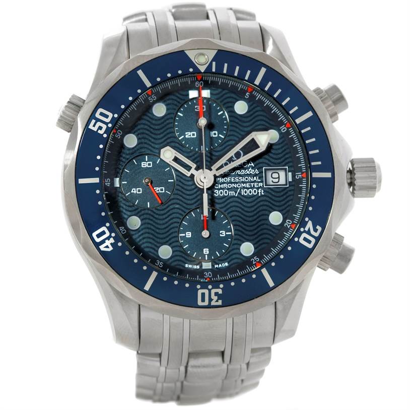 The image shows a front view of the Omega Seamaster 2599.80.00 Men
s Stainless Steel Blue Dial 2599.80.00 Men
s Stainless Steel Blue Dial watch, displaying its dial, bezel, hands, subdials, date window, and bracelet.