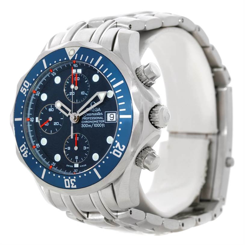 The image shows an angled side view of the Omega Seamaster 2599.80.00 Men
s Stainless Steel Blue Dial 2599.80.00 Men
s Stainless Steel Blue Dial watch, highlighting its bezel, dial, and buttons.
