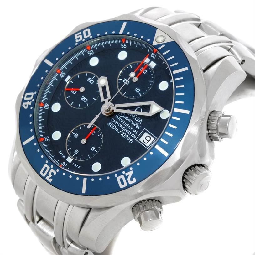 The image shows an angled view of the Omega Seamaster 2599.80.00 Men
s Stainless Steel Blue Dial 2599.80.00 Men
s Stainless Steel Blue Dial watch, highlighting its bezel, dial, chronograph sub-dials, and bracelet.