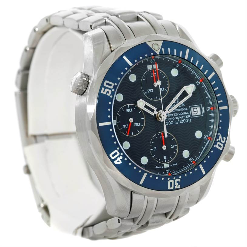 The Omega Seamaster 2599.80.00 Men
s Stainless Steel Blue Dial 2599.80.00 Men
s Stainless Steel Blue Dial watch is shown at a three-quarter angle, highlighting the face, bezel, and part of the bracelet.