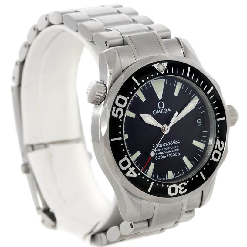 The image shows an angled view of an Omega Seamaster 2252.50.00 Men
s Stainless Steel Black Dial 2252.50.00 Men
s Stainless Steel Black Dial watch, displaying the face, bezel, crown, and part of the bracelet.