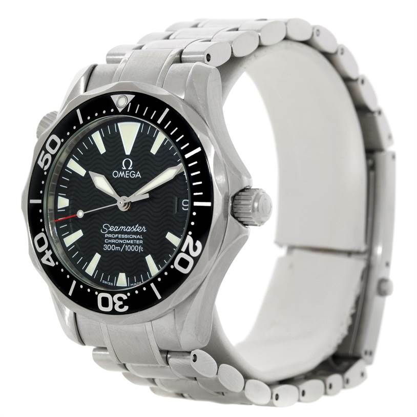 The Omega Seamaster 2252.50.00 Men
s Stainless Steel Black Dial 2252.50.00 Men
s Stainless Steel Black Dial watch is shown at a slight angle revealing the black dial, rotating bezel, crown, and stainless steel bracelet.