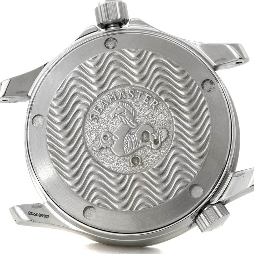 This is the back view of an Omega Seamaster 2252.50.00 Men
s Stainless Steel Black Dial 2252.50.00 Men
s Stainless Steel Black Dial watch, displaying its signature design and branding on the case back.