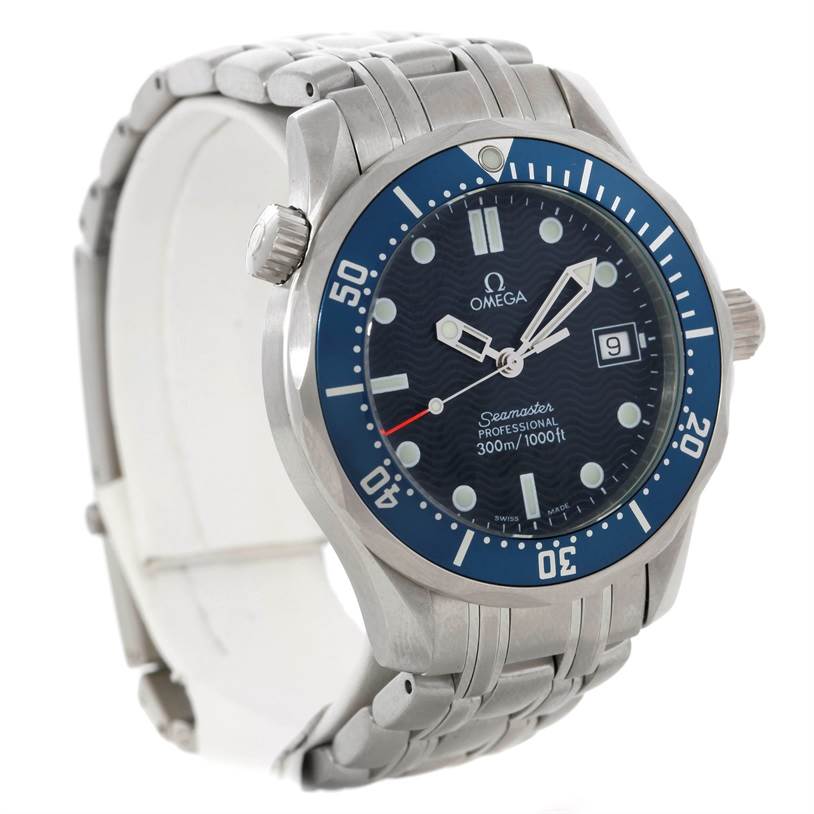 The Omega Seamaster 2561.80.00 Men
s Stainless Steel Blue Dial 2561.80.00 Men
s Stainless Steel Blue Dial watch is shown at an angled side view, highlighting its face, bezel, crown, and metal bracelet.