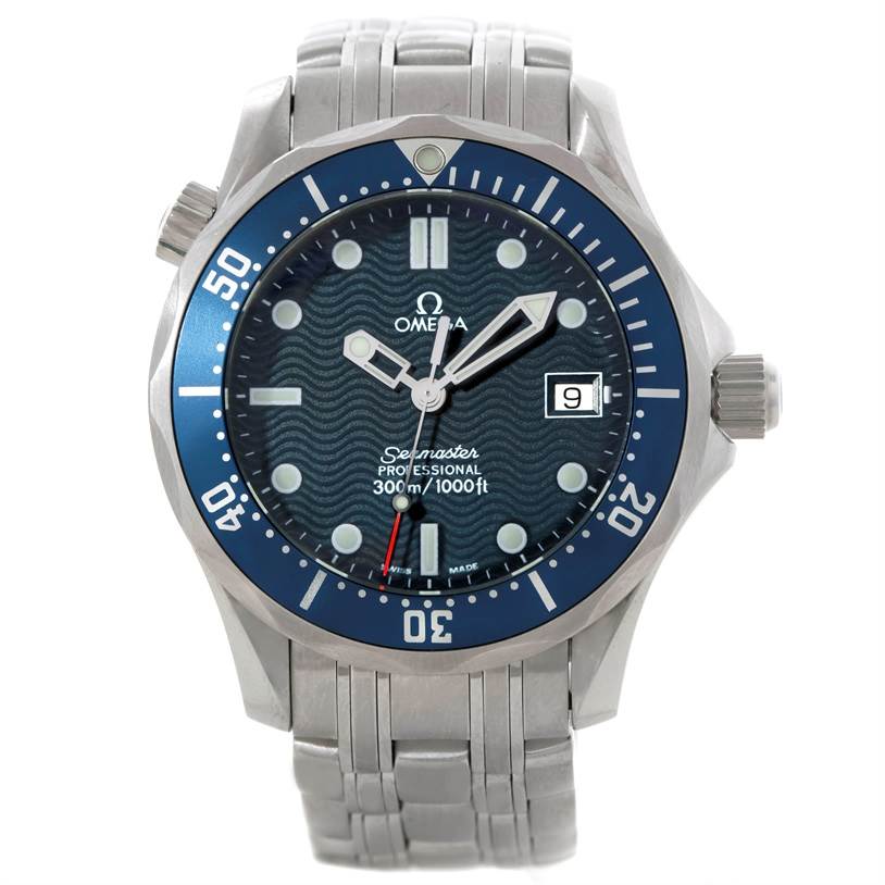 The Omega Seamaster 2561.80.00 Men
s Stainless Steel Blue Dial 2561.80.00 Men
s Stainless Steel Blue Dial watch is shown from a front angle, displaying the dial, bezel, crown, and a portion of the bracelet.