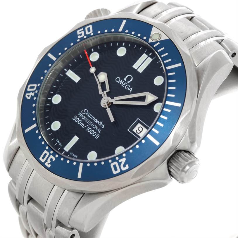 The Omega Seamaster 2561.80.00 Men
s Stainless Steel Blue Dial 2561.80.00 Men
s Stainless Steel Blue Dial watch is shown at an angle highlighting its bezel, face with markers, hands, date window, and part of the bracelet.