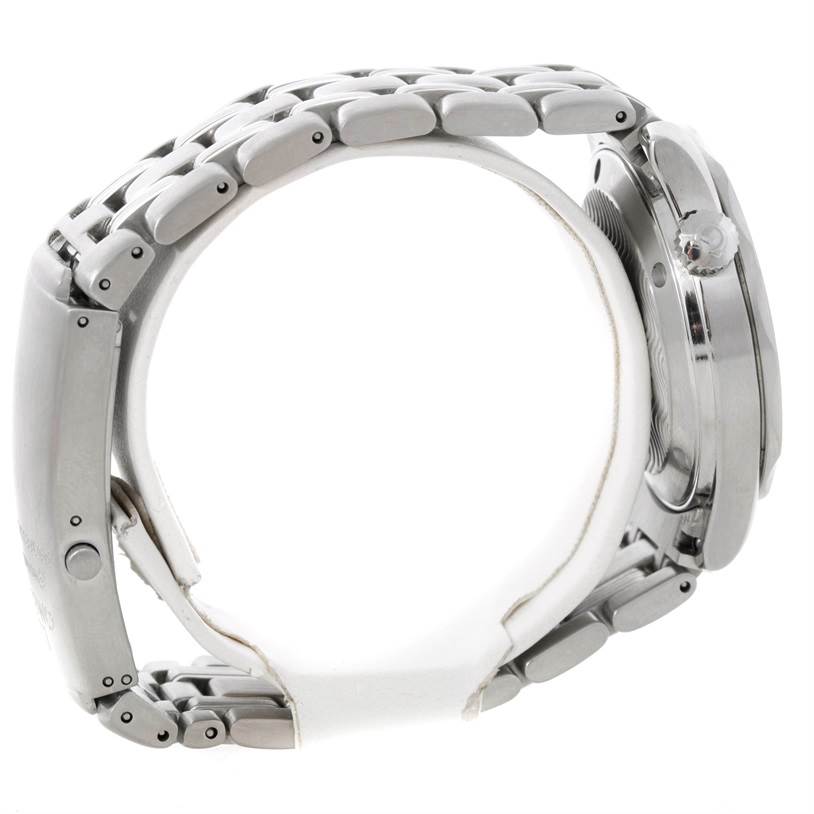 This side-angle view shows the bracelet and crown of the Omega Seamaster 2561.80.00 Men
s Stainless Steel Blue Dial 2561.80.00 Men
s Stainless Steel Blue Dial watch.