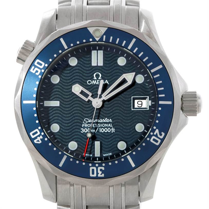 The image shows a front view of the Omega Seamaster 2561.80.00 Men
s Stainless Steel Blue Dial 2561.80.00 Men
s Stainless Steel Blue Dial, highlighting the dial, bezel, hands, and part of the stainless steel bracelet.