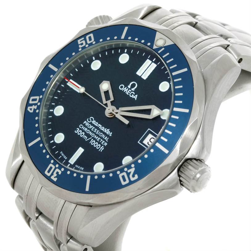 This Omega Seamaster 2551.80.00 Men
s Stainless Steel Blue Dial 2551.80.00 Men
s Stainless Steel Blue Dial watch is shown from an angled view, displaying the face, bezel, crown, and part of the metal bracelet.