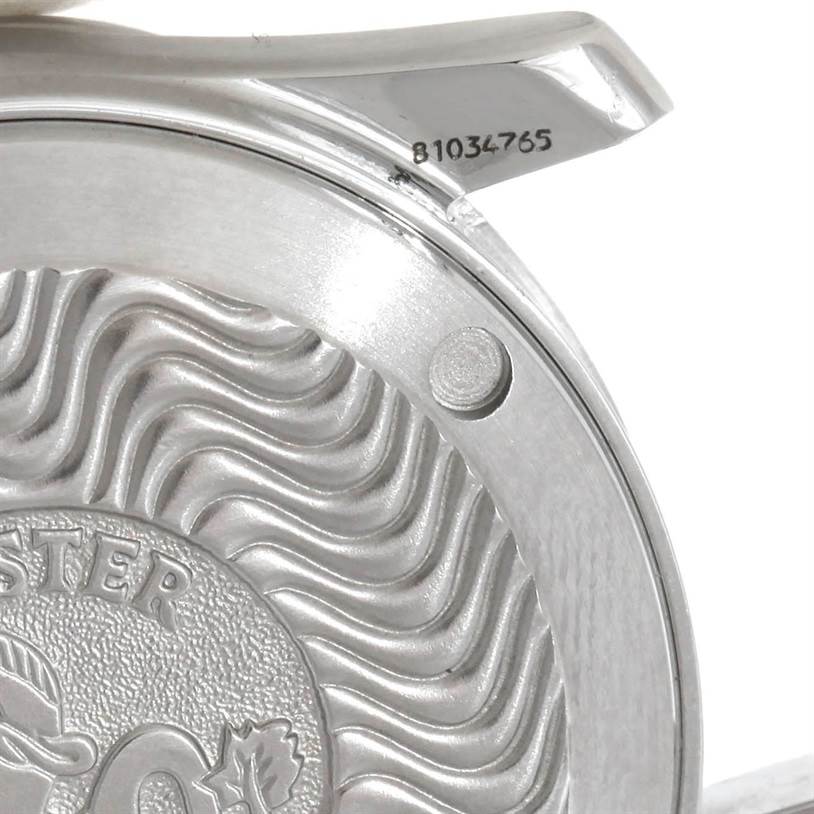 The image shows the case back and part of the lug of an Omega Seamaster 2551.80.00 Men
s Stainless Steel Blue Dial 2551.80.00 Men
s Stainless Steel Blue Dial watch, displaying the wave pattern and engraved serial number.