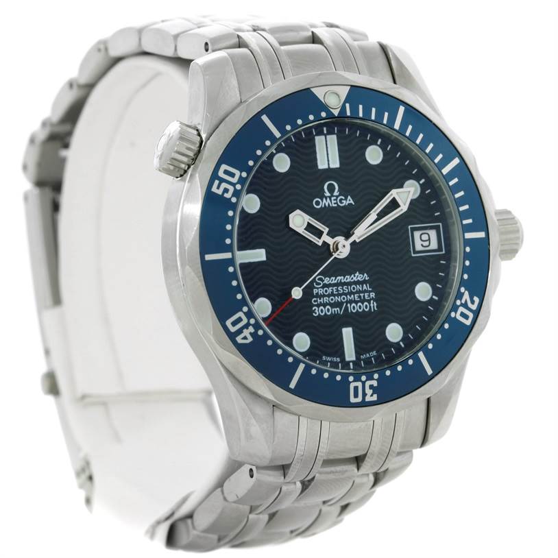 The Omega Seamaster 2551.80.00 Men
s Stainless Steel Blue Dial 2551.80.00 Men
s Stainless Steel Blue Dial watch is shown at an angle displaying the face, bezel, crown, and part of the bracelet.