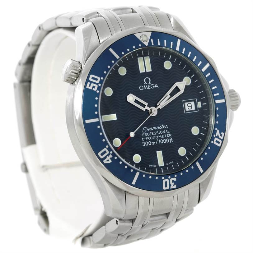 This Omega Seamaster 2531.80.00 Men
s Stainless Steel Blue Dial 2531.80.00 Men
s Stainless Steel Blue Dial watch is shown at a three-quarter angle, displaying the face, bezel, and part of the bracelet.